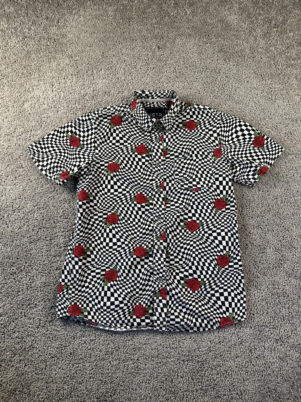 VSTR Button Up Shirt Mens Small Black White Hypnotic Checkered Rose Casual